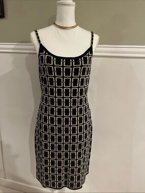 NWT Adrienne Vittadini Black Gold Cream Chain Strap Midi Dress Large